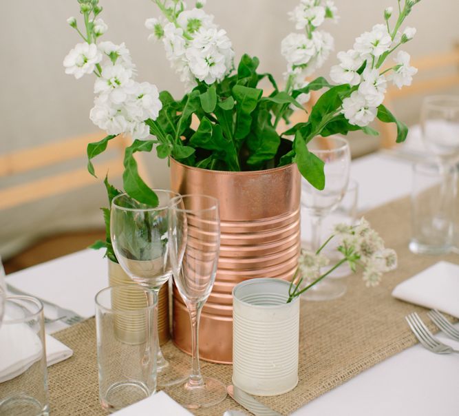 Spray Painted Copper Tin Cans & White Flowers