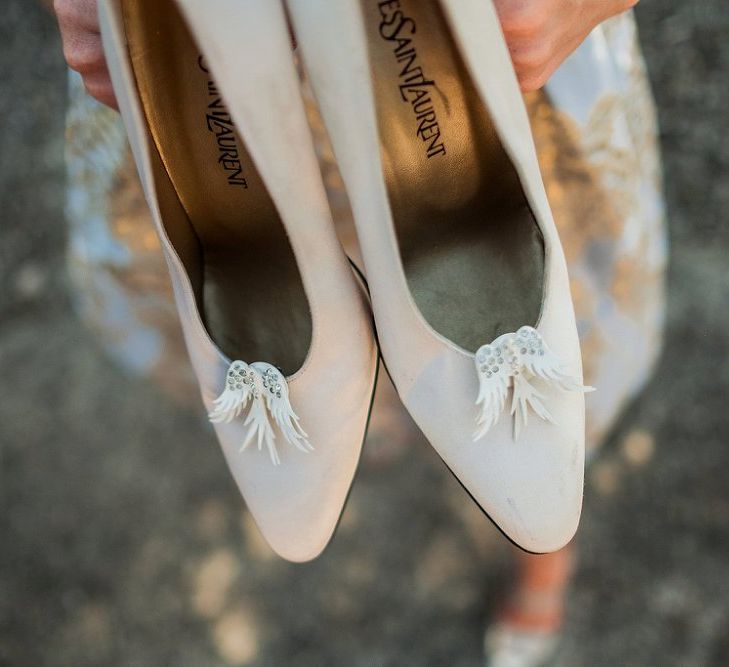 Vintage Yves Saint Laurent Bridal Shoes with Angel Wings | Destination Wedding at Pienza, Italy | Nordica Photography