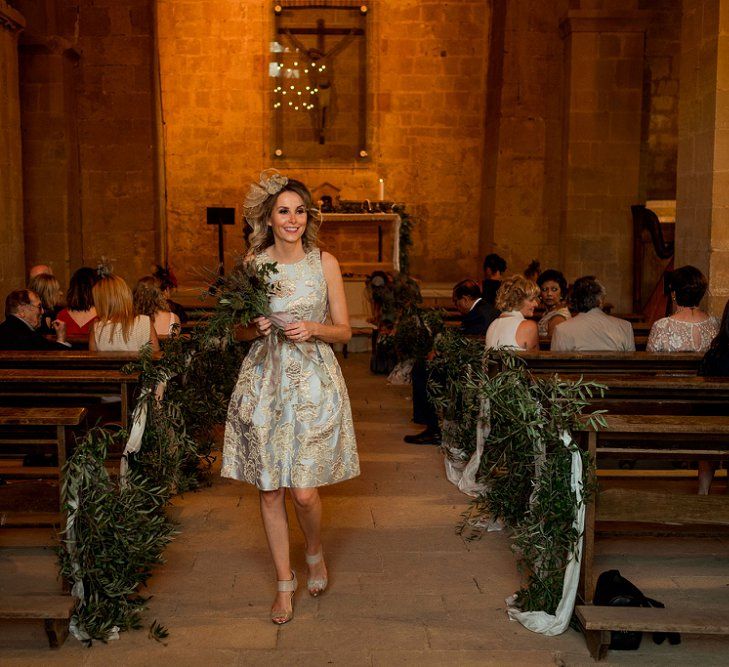 Wedding Ceremony | Bridesmaid in Eliza J Brocade Dress | Destination Wedding at Pienza, Italy | Nordica Photography