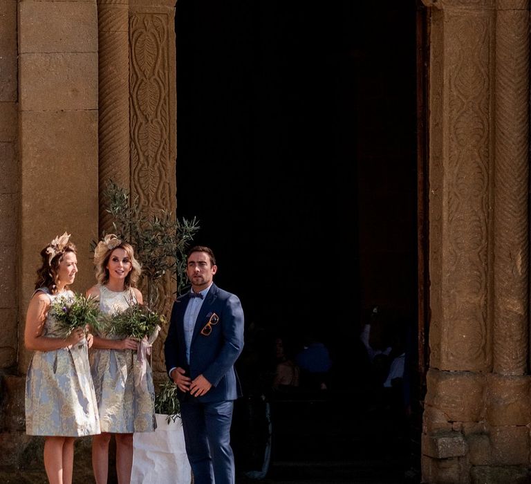 Bridesmaids in Eliza J Brocade Dresses | Groomsman in Banana Republic Suit | Destination Wedding at Pienza, Italy | Nordica Photography