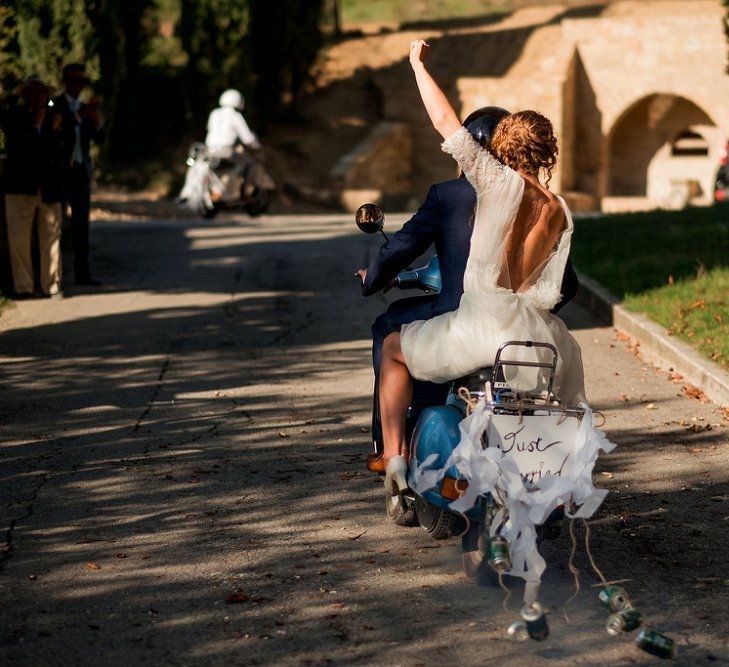 Vespa Wedding Transport | Bride in Low Back Atelier Endeavour Gown | Groom in Hugo Boss Suit | Destination Wedding at Pienza, Italy | Nordica Photography