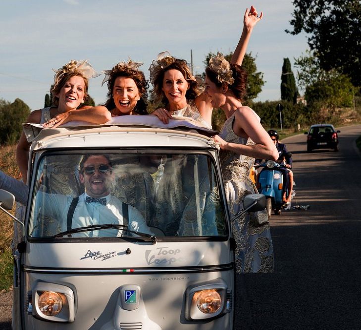 Bridesmaids in Tuc Tuc Wedding Transport | Destination Wedding at Pienza, Italy | Nordica Photography