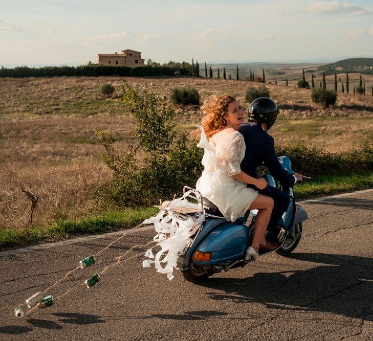 Vespa Wedding Transport | Bride in Low Back Atelier Endeavour Gown | Groom in Hugo Boss Suit | Destination Wedding at Pienza, Italy | Nordica Photography