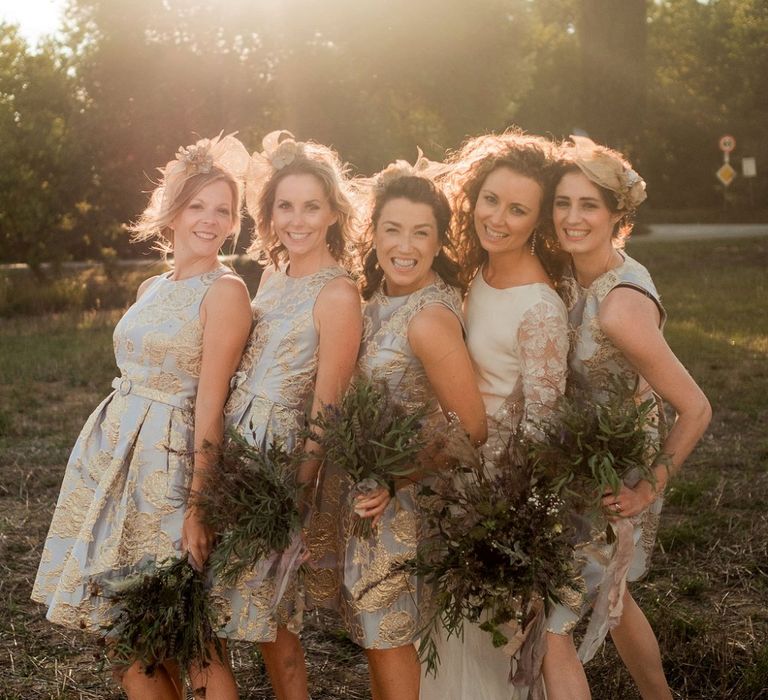 Bridesmaids in Eliza J Brocade Dresses | Bride in Low Back Atelier Endeavour Gown | Destination Wedding at Pienza, Italy | Nordica Photography