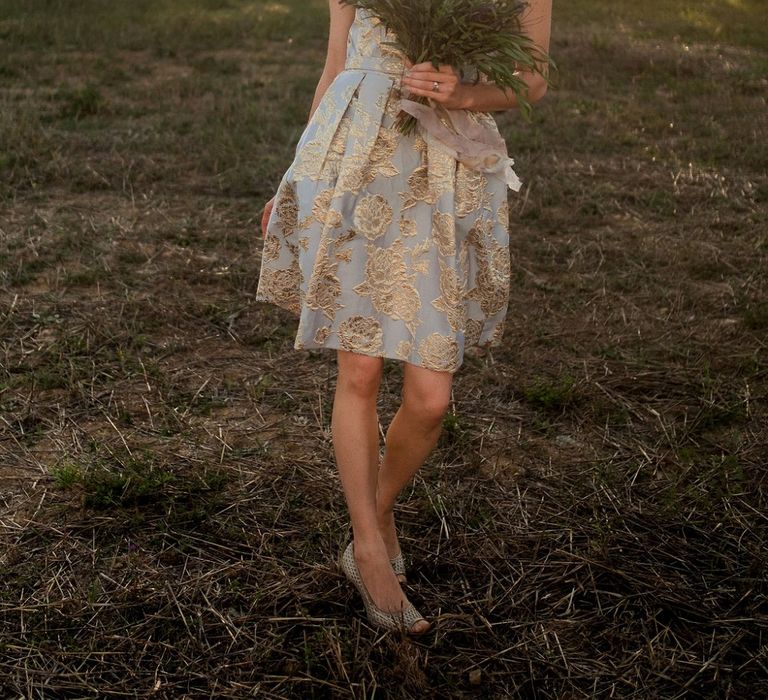 Bridesmaid in Eliza J Brocade Dress | Destination Wedding at Pienza, Italy | Nordica Photography