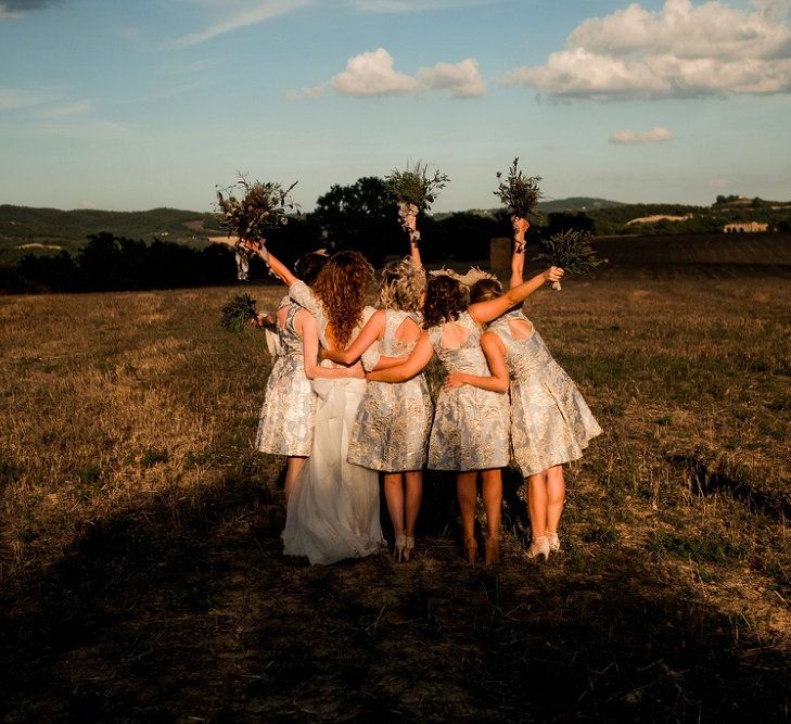 Bridesmaids in Eliza J Brocade Dresses | Destination Wedding at Pienza, Italy | Nordica Photography