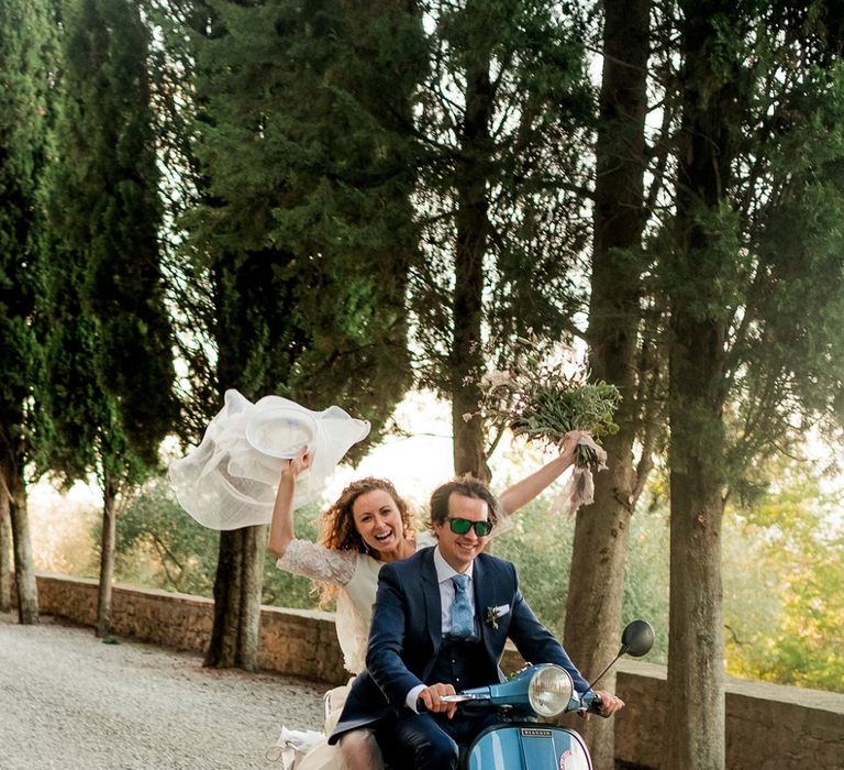 Vespa Wedding Transport | Bride in Low Back Atelier Endeavour Gown | Groom in Hugo Boss Suit | Destination Wedding at Pienza, Italy | Nordica Photography