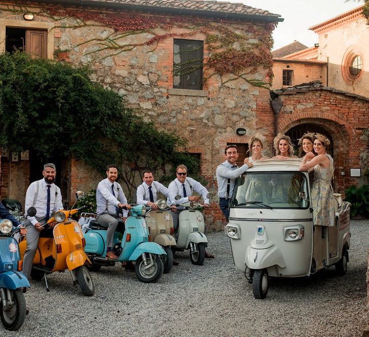 Wedding Party on a Fleet of Vepsa's & Tuc Tuc | Destination Wedding at Pienza, Italy | Nordica Photography