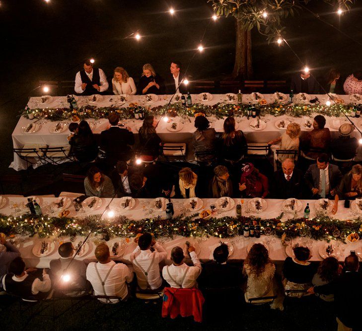 Festoon Light Outdoor Reception | Destination Wedding at Pienza, Italy | Nordica Photography