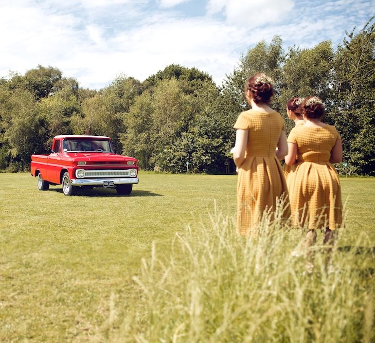 Bridal Entrance in Vintage Chevrolet | Bridesmaids in Mustard Yellow ASOS Dresses | Vintage Weddings Photography