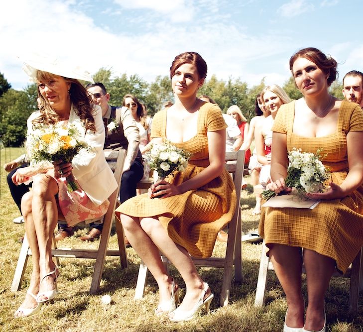 Bridesmaids in Mustard Yellow ASOS Dresses | Outdoor Wedding Ceremony | Vintage Weddings Photography