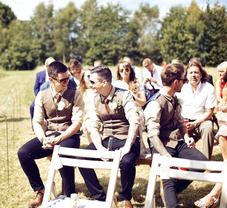 Groomsmen in Tweed Waistcoats | Outdoor Wedding Ceremony at Wood Farm | Vintage Weddings Photography