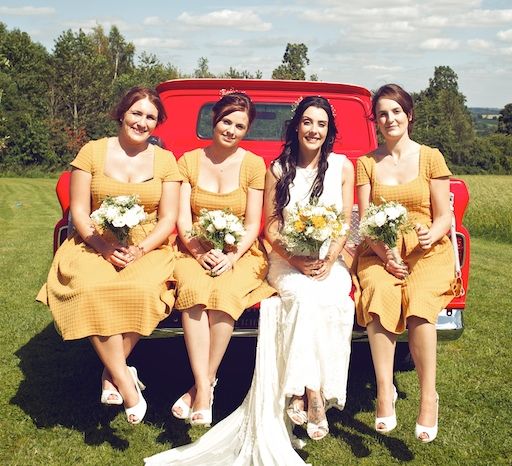 Bride & Bridesmaids in Mustard Yellow ASOS DressesOutdoor Wedding Ceremony at Wood Farm | Vintage Weddings Photography