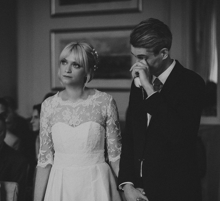 Wedding Ceremony at Ruston Hall Northamptonshire | Stylish Bride in Separates by Noble and Wright | Groom in Folk Suit | Marshal Gray Photography