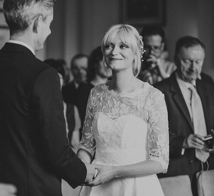 Wedding Ceremony at Ruston Hall Northamptonshire | Stylish Bride in Separates by Noble and Wright | Groom in Folk Suit | Marshal Gray Photography