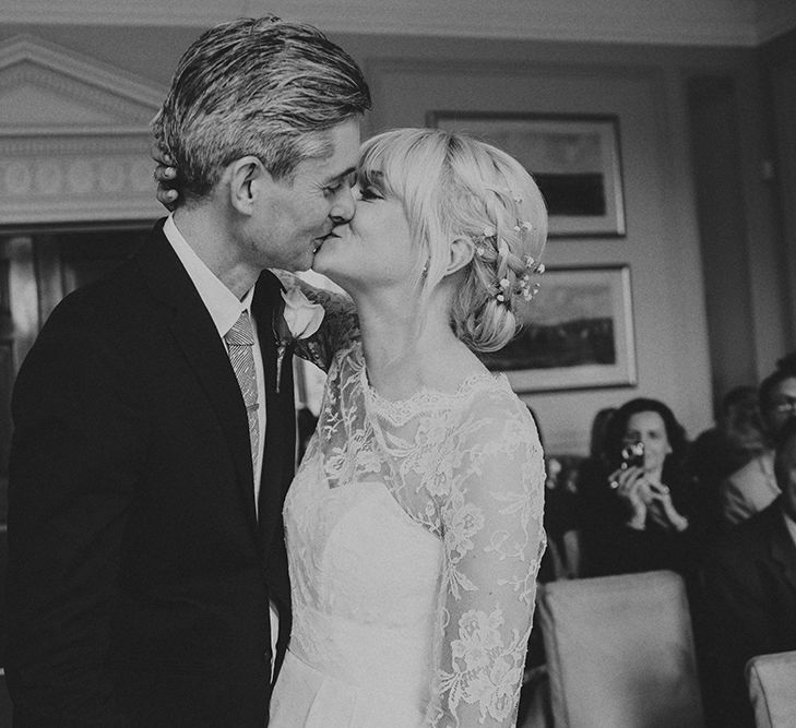 Wedding Ceremony at Ruston Hall Northamptonshire | Stylish Bride in Separates by Noble and Wright | Groom in Folk Suit | Marshal Gray Photography