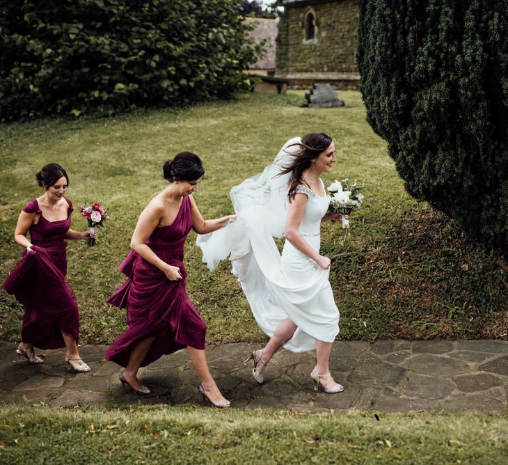 Raspberry, Gold & Navy Colour Palette Marquee Wedding With Suzanne Neville Bride & Bridesmaids In Raspberry Multiway Dresses Images From Michelle Wood