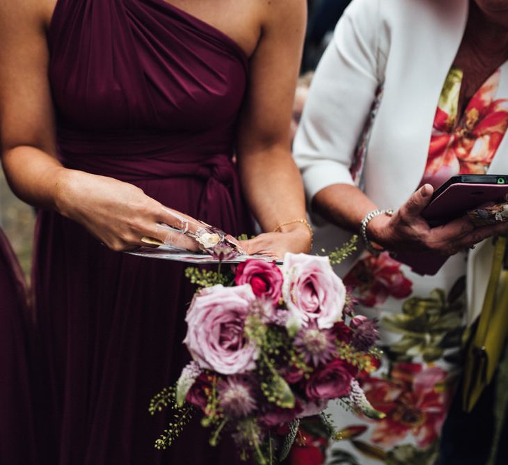 Raspberry, Gold & Navy Colour Palette Marquee Wedding With Suzanne Neville Bride & Bridesmaids In Raspberry Multiway Dresses Images From Michelle Wood