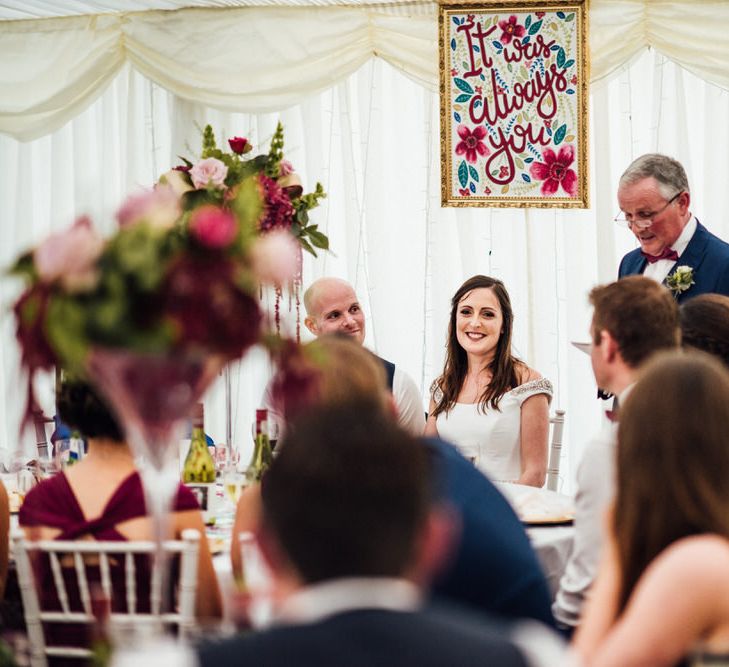 Raspberry, Gold & Navy Colour Palette Marquee Wedding With Suzanne Neville Bride & Bridesmaids In Raspberry Multiway Dresses Images From Michelle Wood