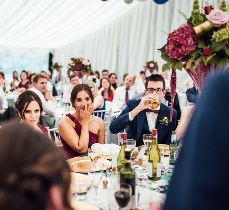 Raspberry, Gold & Navy Colour Palette Marquee Wedding With Suzanne Neville Bride & Bridesmaids In Raspberry Multiway Dresses Images From Michelle Wood