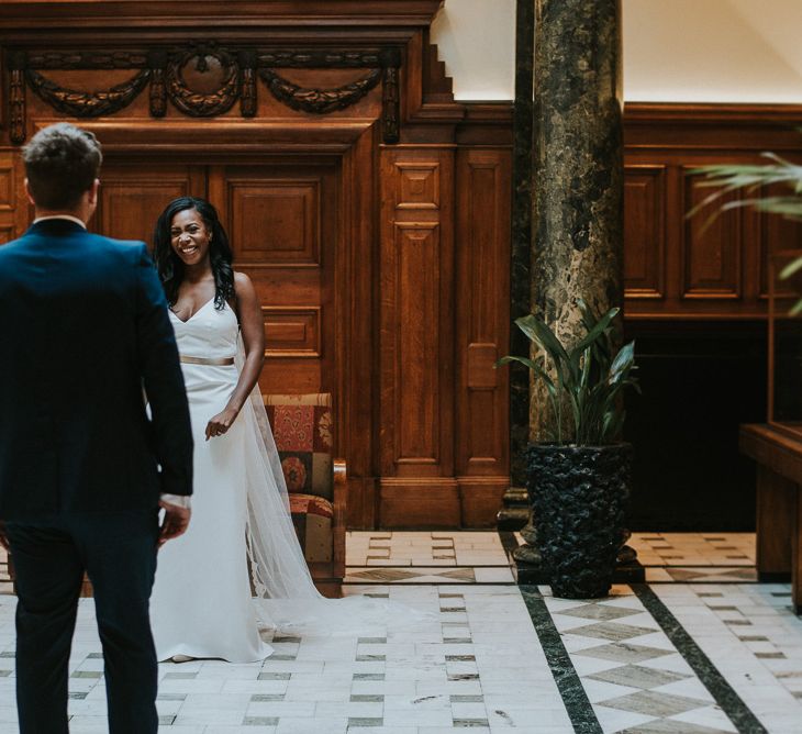 First Look | Bride in Charlie Brear | Groom in Moss Bros Suit | Botanical Orangery Wedding at Horniman Museum & Gardens, London | Fern Edwards Photography