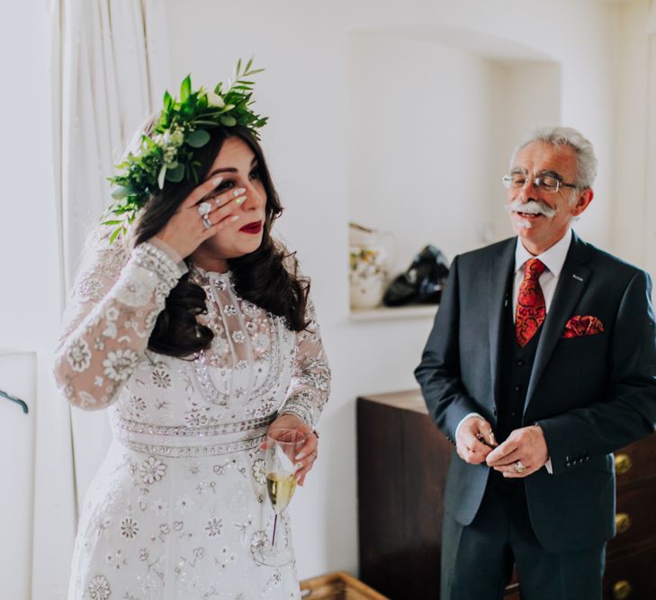 Father of the Bride First Look | Bride in Needle Thread Gown | Rustic, Greenery Wedding at Pimhill Barns Shropshire | Clara Cooper Photography | Second Shooter Helen Jane Smiddy Photography