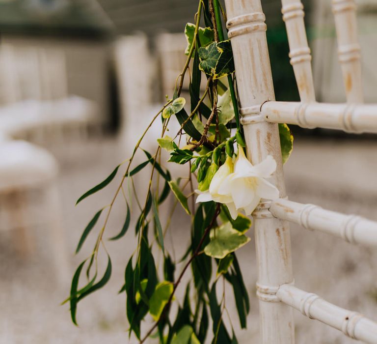 Chair Back Flowers | Rustic, Greenery Wedding at Pimhill Barns Shropshire | Clara Cooper Photography | Second Shooter Helen Jane Smiddy Photography