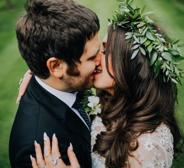 Bride in Needle & Thread Gown | Greenery Flower Crown | Groom in Ted Baker Suit | Rustic, Greenery Wedding at Pimhill Barns Shropshire | Clara Cooper Photography | Second Shooter Helen Jane Smiddy Photography