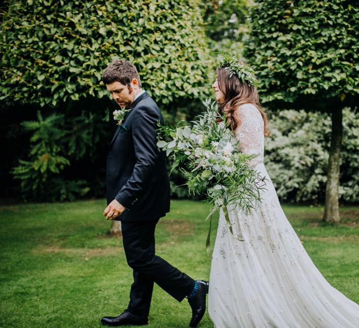 Bride in Needle & Thread Gown | Greenery Flower Crown | Groom in Ted Baker Suit | Rustic, Greenery Wedding at Pimhill Barns Shropshire | Clara Cooper Photography | Second Shooter Helen Jane Smiddy Photography