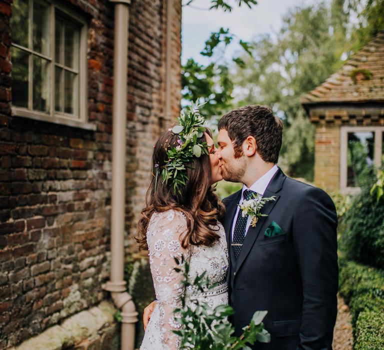 Bride in Needle & Thread Gown | Greenery Flower Crown | Groom in Ted Baker Suit | Rustic, Greenery Wedding at Pimhill Barns Shropshire | Clara Cooper Photography | Second Shooter Helen Jane Smiddy Photography