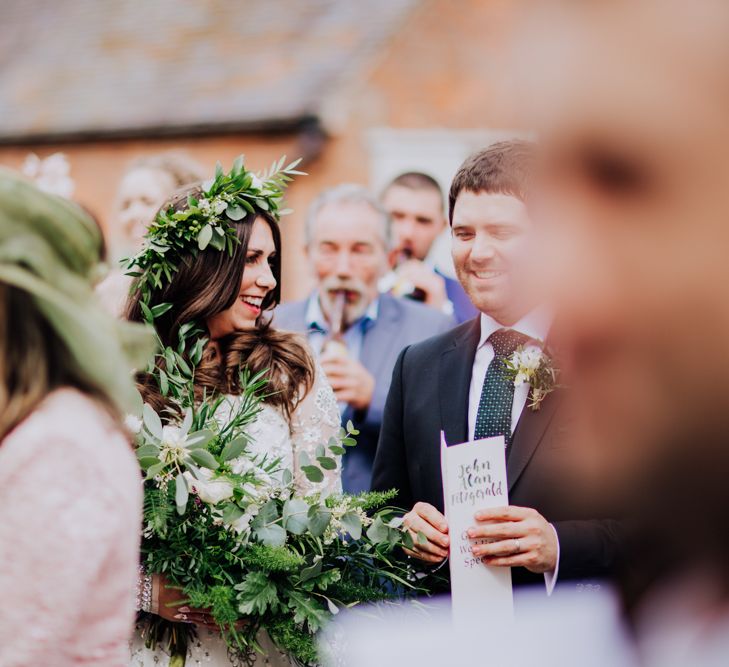 Bride in Needle & Thread Gown | Greenery Flower Crown | Groom in Ted Baker Suit | Rustic, Greenery Wedding at Pimhill Barns Shropshire | Clara Cooper Photography | Second Shooter Helen Jane Smiddy Photography