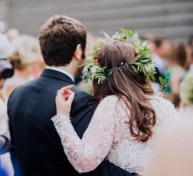 Bride in Needle & Thread Gown | Greenery Flower Crown | Groom in Ted Baker Suit | Rustic, Greenery Wedding at Pimhill Barns Shropshire | Clara Cooper Photography | Second Shooter Helen Jane Smiddy Photography