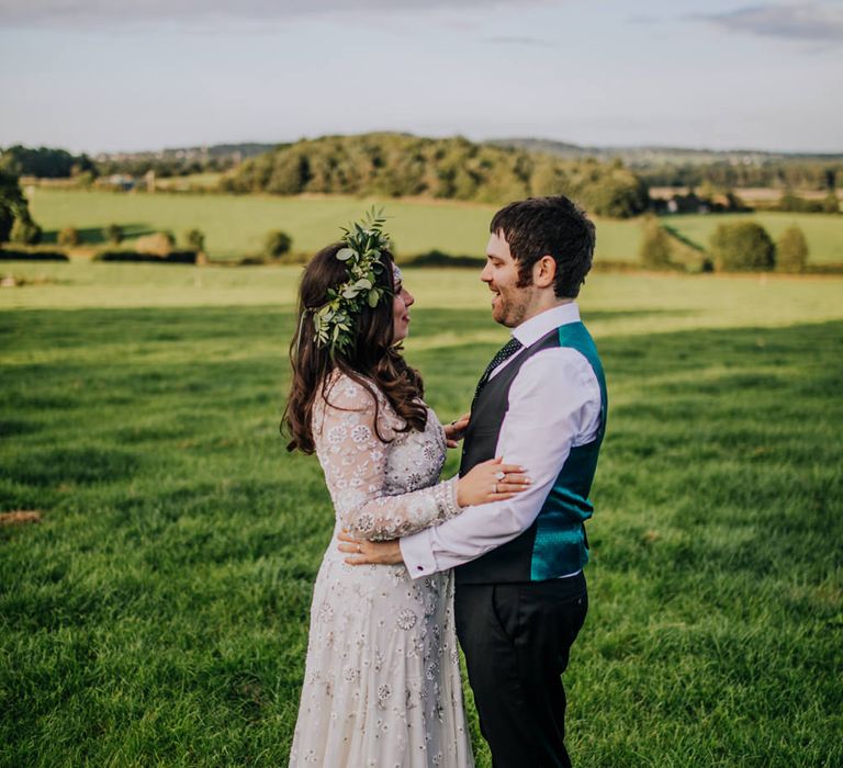 Bride in Needle & Thread Gown | Greenery Flower Crown | Groom in Ted Baker Suit | Rustic, Greenery Wedding at Pimhill Barns Shropshire | Clara Cooper Photography | Second Shooter Helen Jane Smiddy Photography