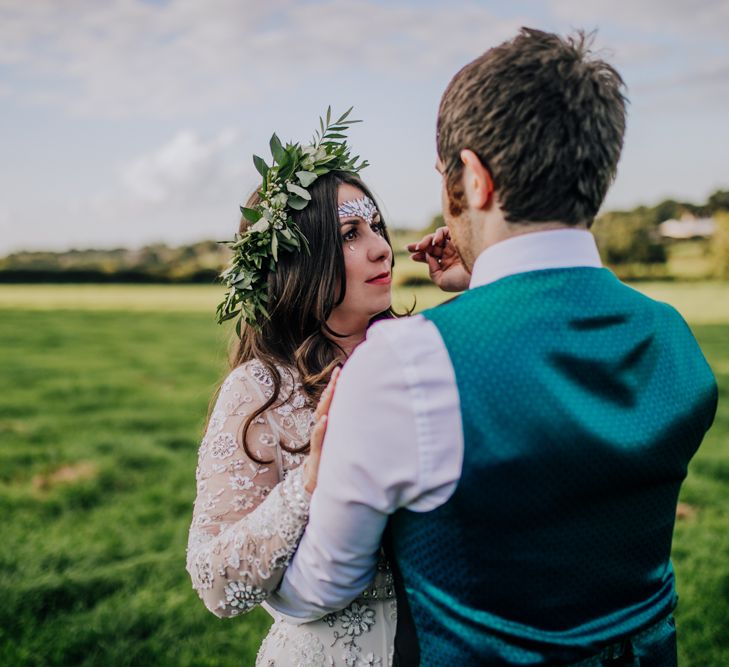 Bride in Needle & Thread Gown | Greenery Flower Crown | Groom in Ted Baker Suit | Rustic, Greenery Wedding at Pimhill Barns Shropshire | Clara Cooper Photography | Second Shooter Helen Jane Smiddy Photography