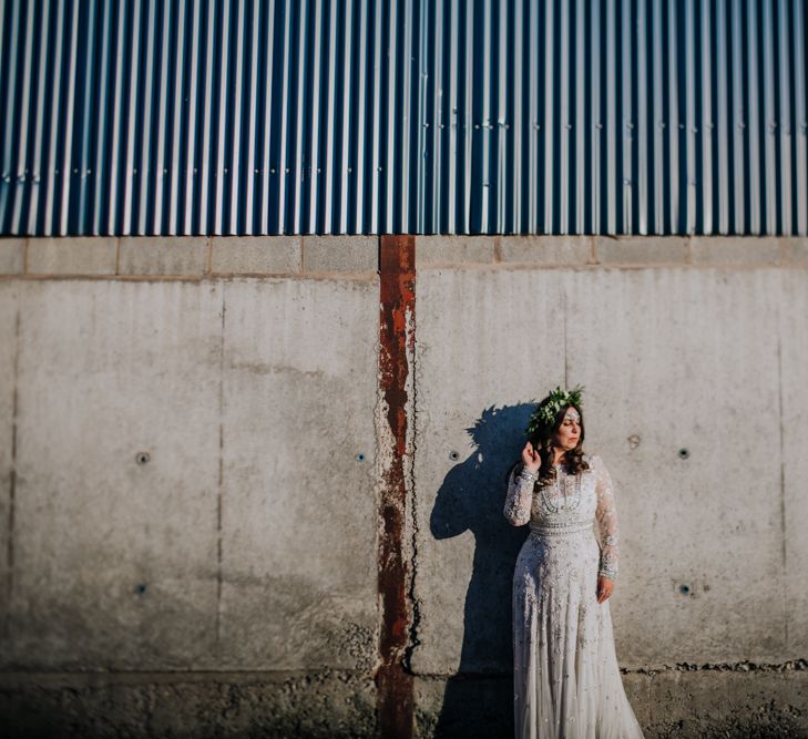 Bride in Needle & Thread Gown | Greenery Flower Crown | Rustic, Greenery Wedding at Pimhill Barns Shropshire | Clara Cooper Photography | Second Shooter Helen Jane Smiddy Photography