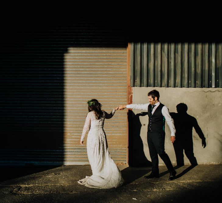 Bride in Needle & Thread Gown | Greenery Flower Crown | Groom in Ted Baker Suit | Rustic, Greenery Wedding at Pimhill Barns Shropshire | Clara Cooper Photography | Second Shooter Helen Jane Smiddy Photography