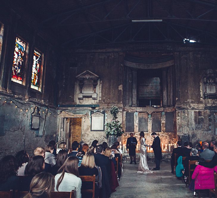 Bride In Gold Sequinned Dress For A Relaxed Wedding At Asylum Chapel With Bridesmaids In Mismatched High Street Dresses And Images by Lovestruck Photography