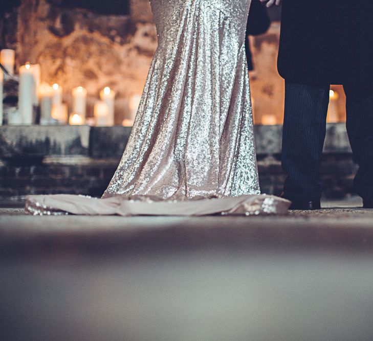 Bride In Gold Sequinned Dress For A Relaxed Wedding At Asylum Chapel With Bridesmaids In Mismatched High Street Dresses And Images by Lovestruck Photography