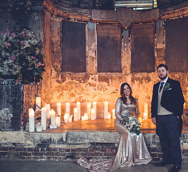 Bride In Gold Sequinned Dress For A Relaxed Wedding At Asylum Chapel With Bridesmaids In Mismatched High Street Dresses And Images by Lovestruck Photography