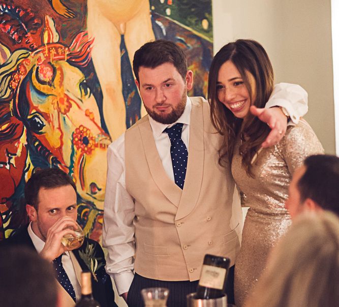 Bride In Gold Sequinned Dress For A Relaxed Wedding At Asylum Chapel With Bridesmaids In Mismatched High Street Dresses And Images by Lovestruck Photography