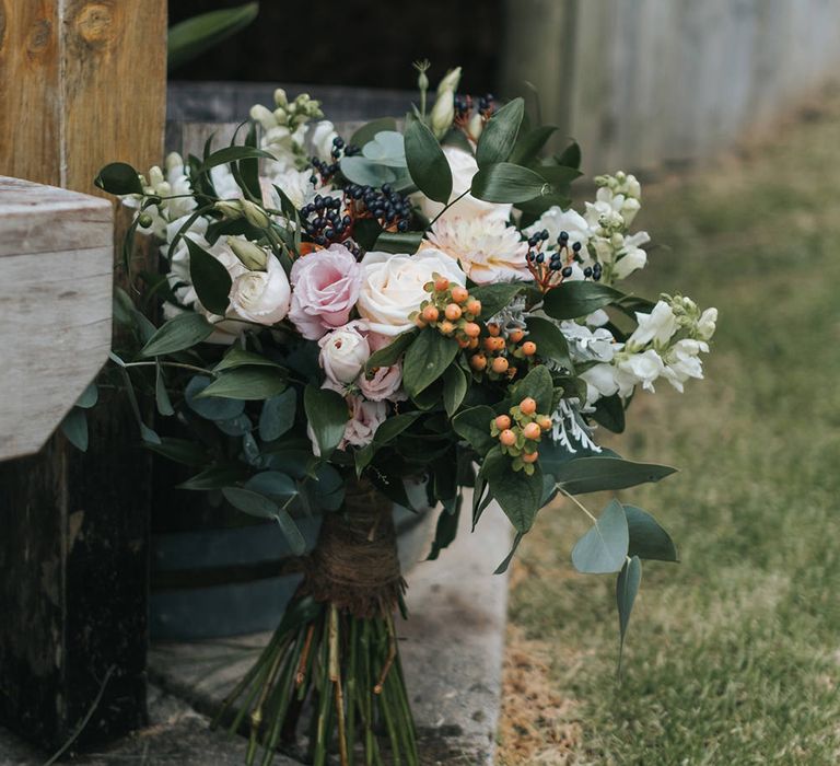 Greenery & Peach Bouquet | Outdoor Coastal Wedding at Ohawini Bay in New Zealand with Natural Garden Party Reception | Miss Gen Photography