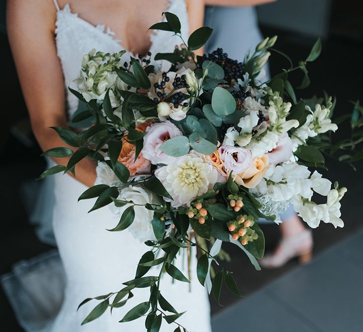 Over sized Bridal Bouquet with Blush Blooms & Foliage | Outdoor Coastal Wedding at Ohawini Bay in New Zealand with Natural Garden Party Reception | Miss Gen Photography