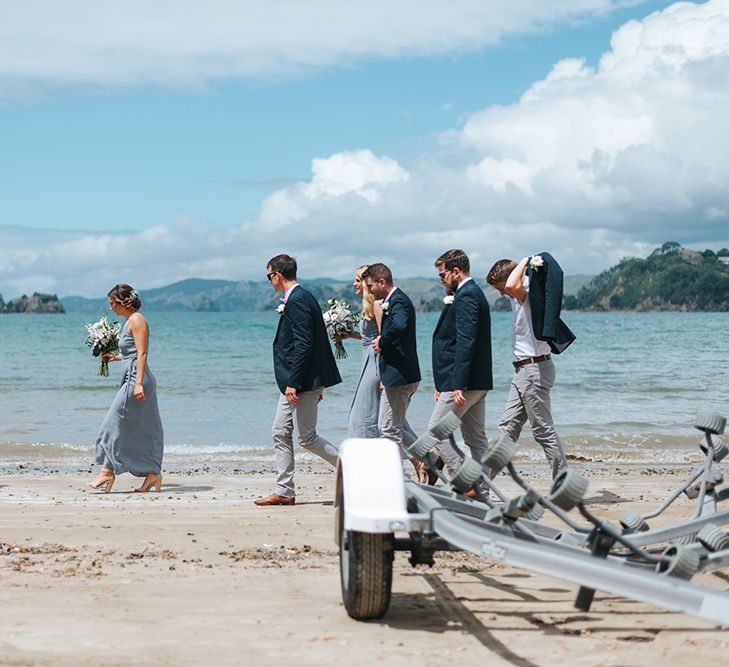 Wedding Party | Bridesmaids in Powder Blue Evolution Clothing Dresses | Groomsmen in Chinos & Blazers | Outdoor Coastal Wedding at Ohawini Bay in New Zealand with Natural Garden Party Reception | Miss Gen Photography