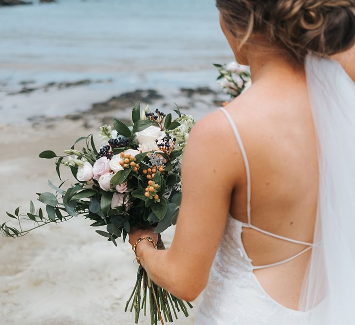 Bride in Estelle Sally Eagle Gown | Outdoor Coastal Wedding at Ohawini Bay in New Zealand with Natural Garden Party Reception | Miss Gen Photography