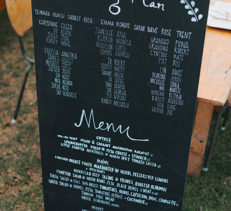 Chalkboard Wedding Sign | Outdoor Coastal Wedding at Ohawini Bay in New Zealand with Natural Garden Party Reception | Miss Gen Photography