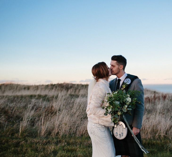 Bride in Jenny Packham Esme Gown & Groom in Traditional Scottish Tartan Kilt