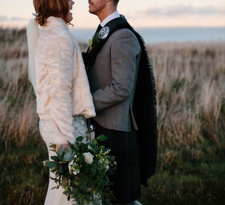 Bride in Jenny Packham Esme Gown & Groom in Traditional Scottish Tartan Kilt