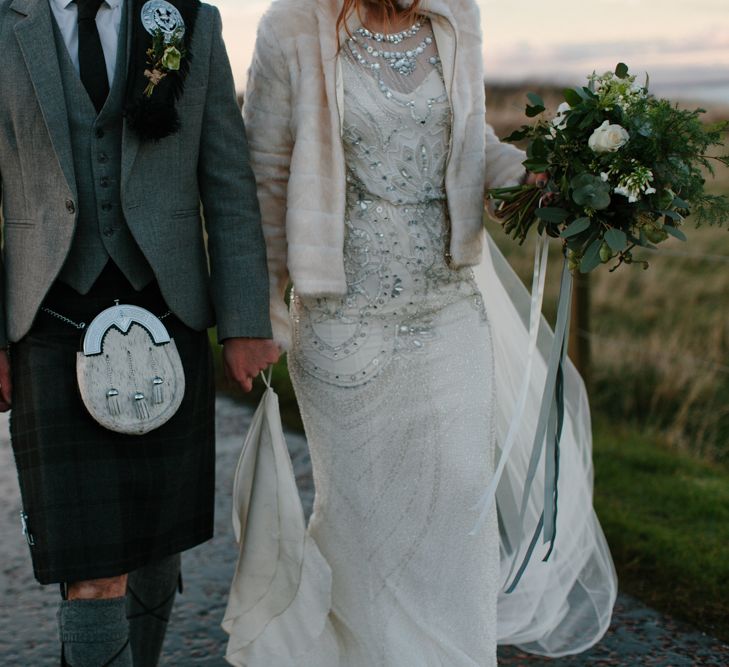 Bride in Jenny Packham Esme Gown & Groom in Traditional Scottish Tartan Kilt