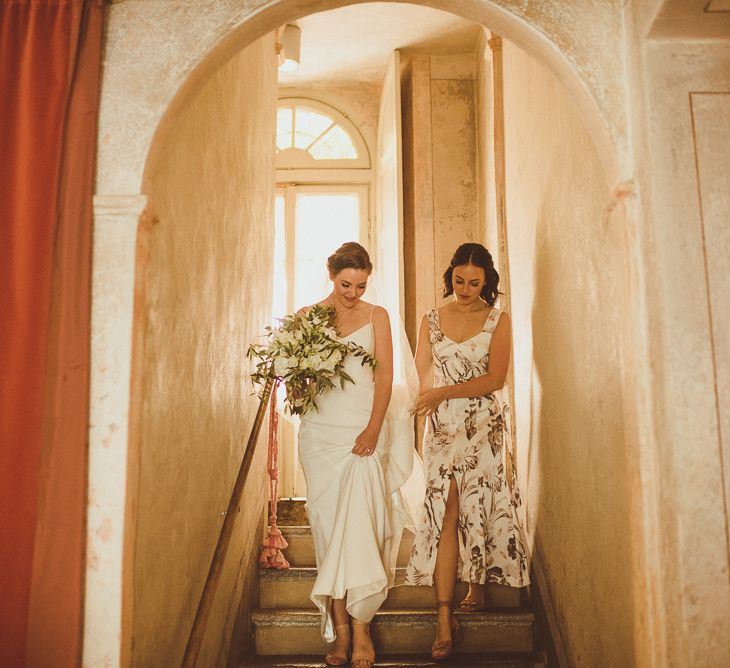 Bride in Karen Willis Holmes Gown | Bridesmaid in Floral Dress | Outdoor Destination Wedding at Villa Regina Teodolinda, Lake Como, Italy | Matt Penberthy Photography