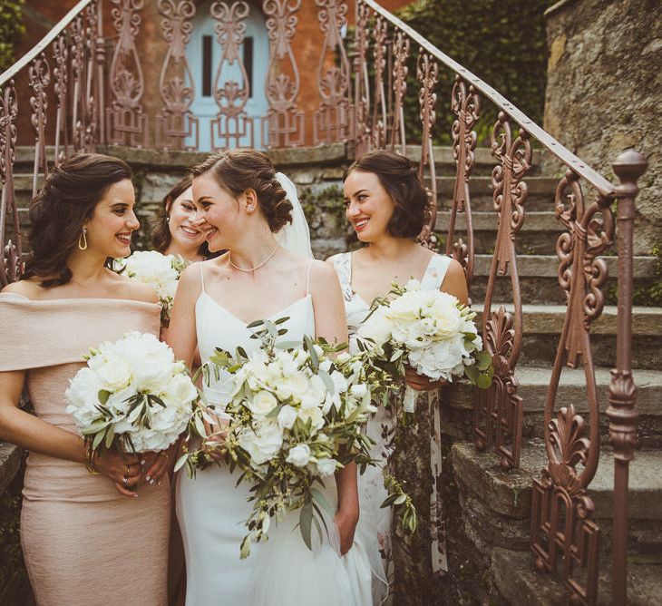 Bride in Karen Willis Holmes Gown | Bridesmaids in Different Blush Dresses | Outdoor Destination Wedding at Villa Regina Teodolinda, Lake Como, Italy | Matt Penberthy Photography